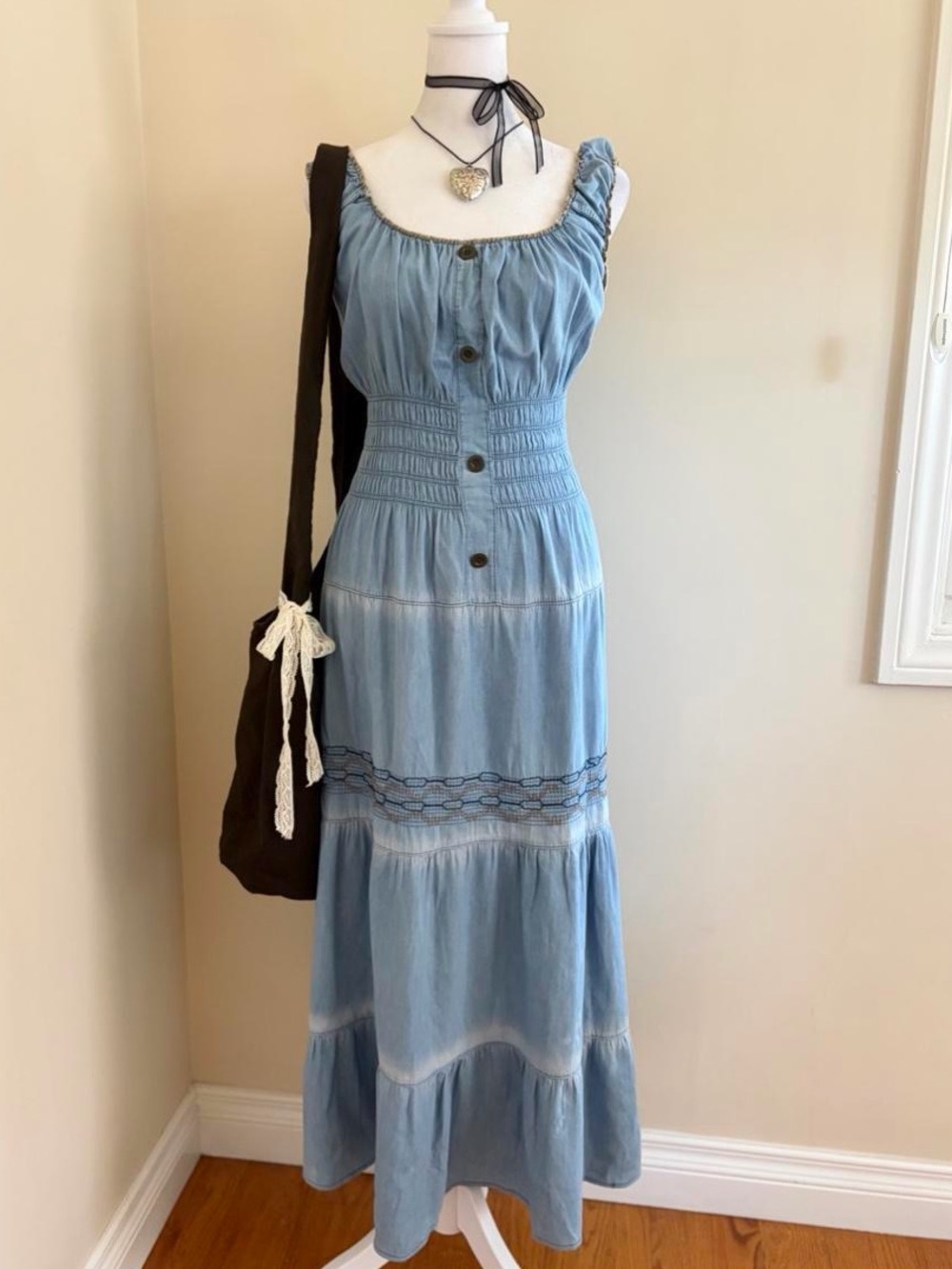 Vintage Y2K peasant lace maxi milkmaid dress denim blue prairie boho hippie L-XL